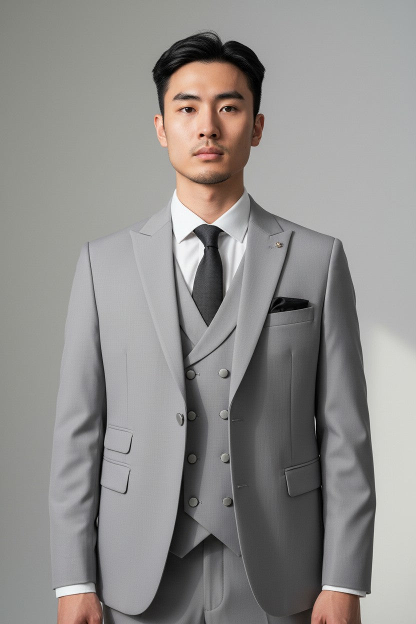 Men’s Light Grey 3-Piece Suit in Japanese Fabric – Modern Fit