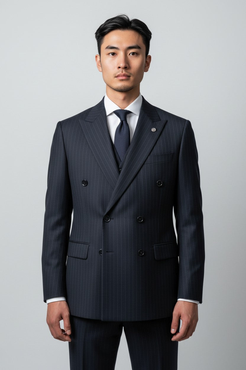 Men’s Navy Pinstripe Double-Breasted Suit – Modern Fit Formal Wear