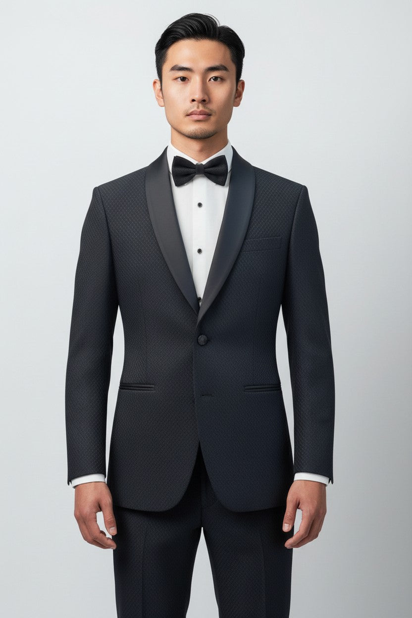 Men’s Navy Textured Tuxedo – Satin Shawl Lapel Modern Fit