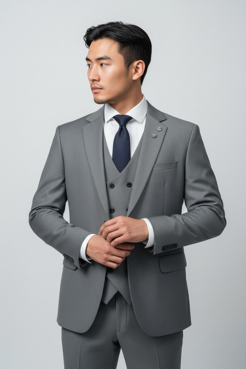Men’s Classic Grey 3-Piece Suit – Modern Fit Business & Formal Wear