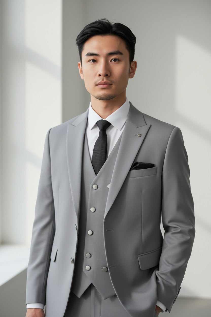 Men’s Light Grey 3-Piece Suit in Japanese Fabric – Modern Fit