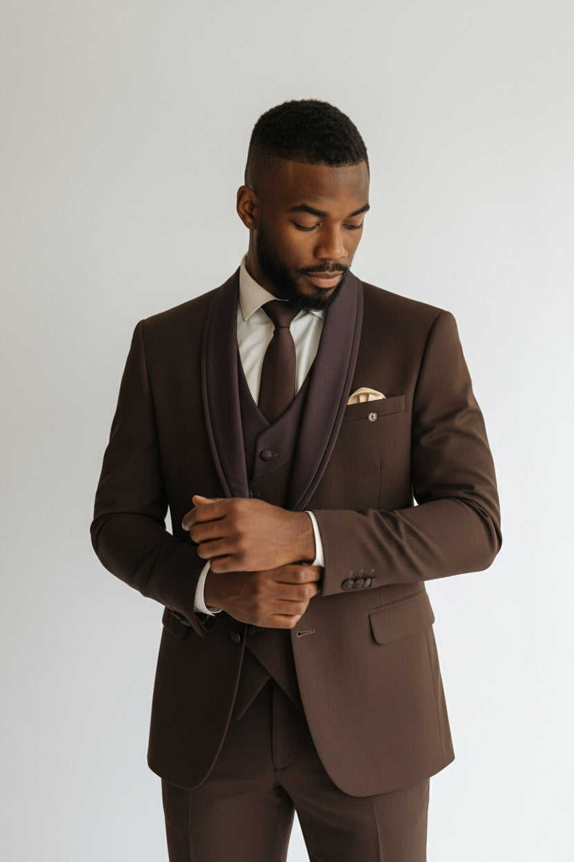Men’s Brown Shawl Lapel 3-Piece Suit – Modern Fit Formal Wear