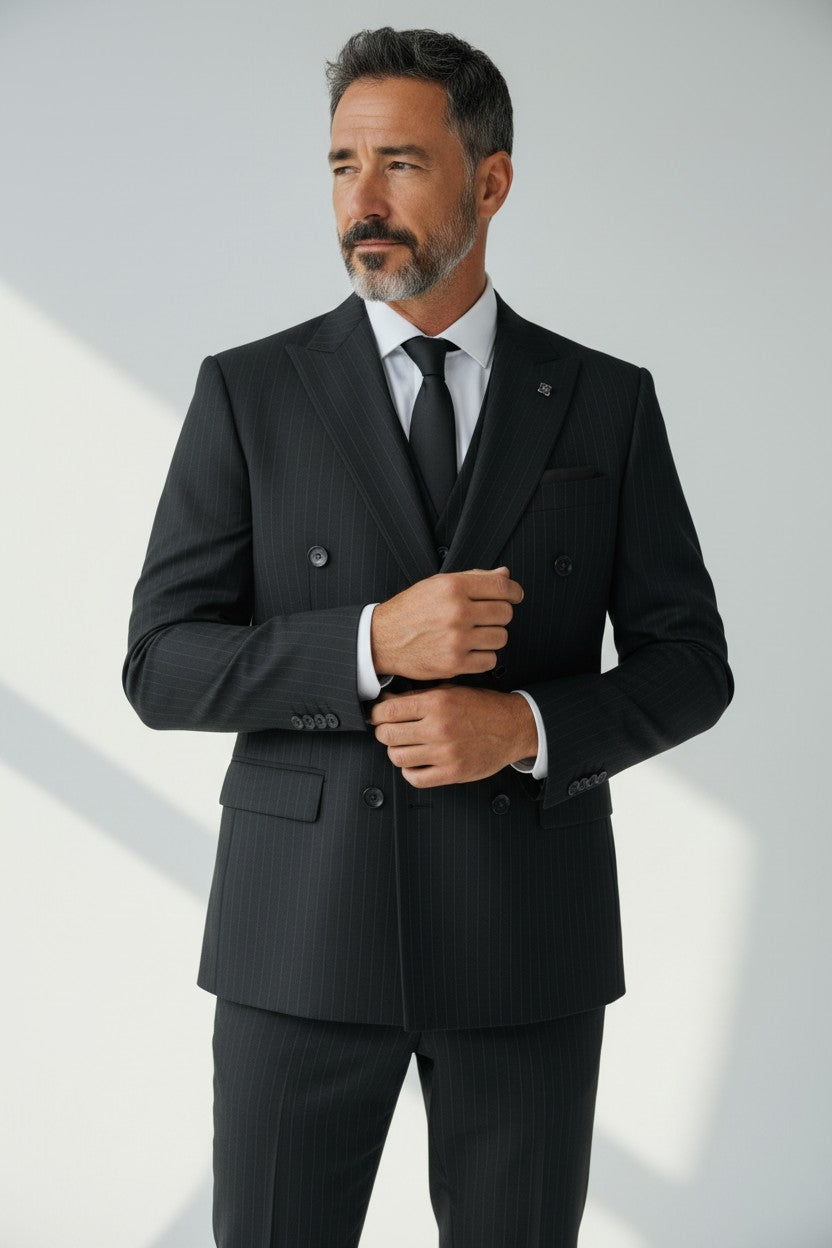Men’s Black Pinstripe Double-Breasted Suit – Modern Fit Formal Wear