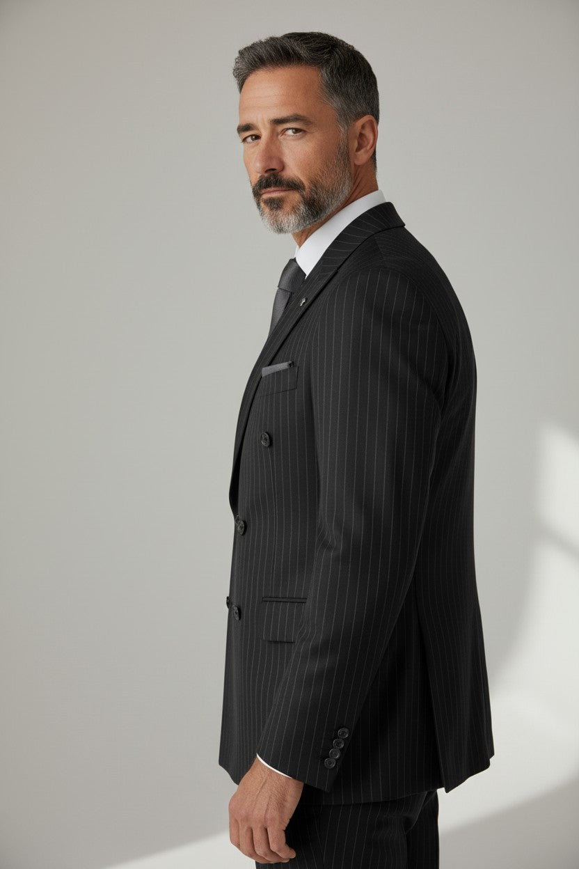 Men’s Black Pinstripe Double-Breasted Suit – Modern Fit Formal Wear