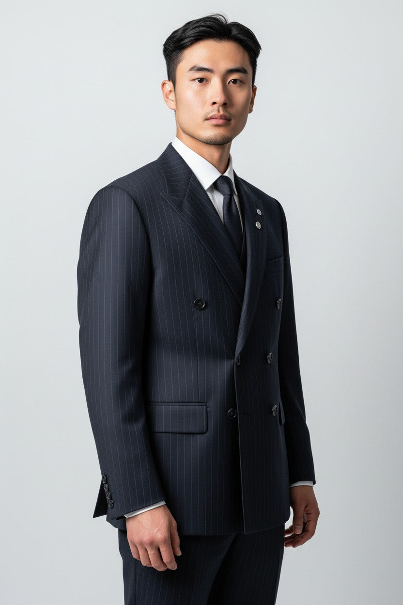 Men’s Navy Pinstripe Double-Breasted Suit – Modern Fit Formal Wear