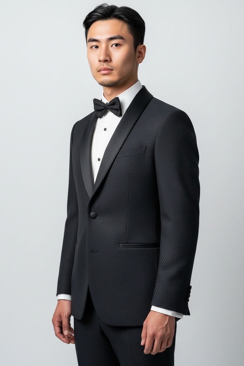 Men’s Navy Textured Tuxedo – Satin Shawl Lapel Modern Fit