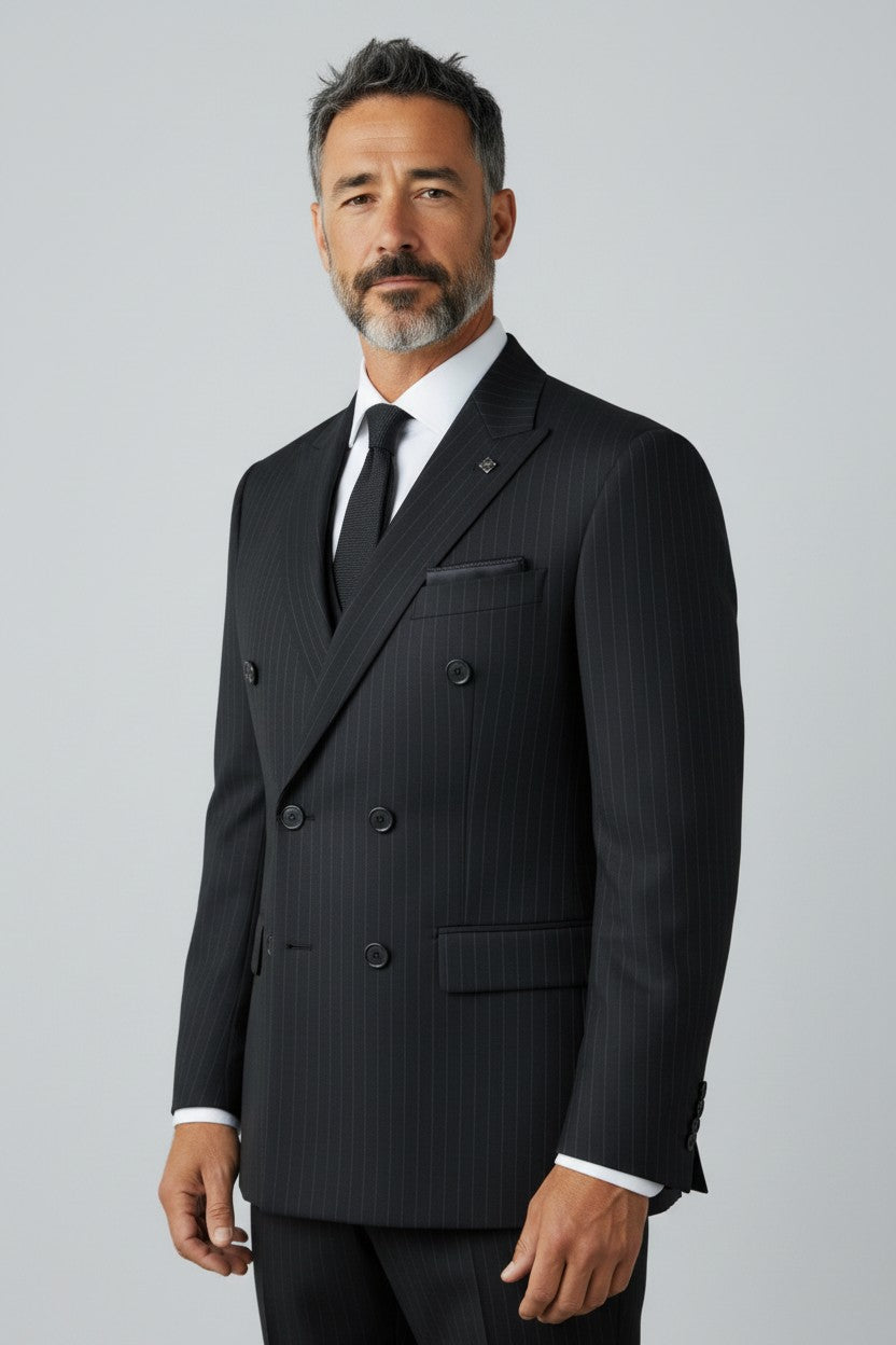 Men’s Black Pinstripe Double-Breasted Suit – Modern Fit Formal Wear