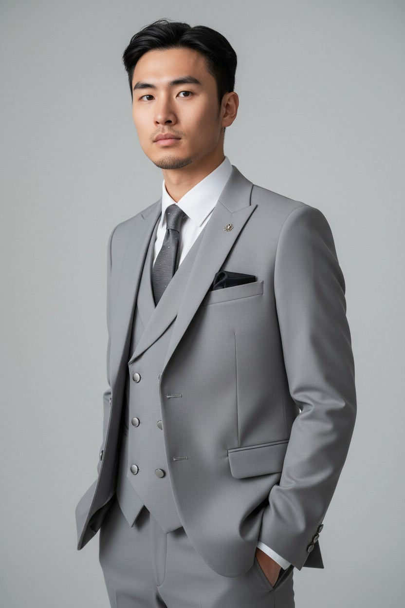 Men’s Light Grey 3-Piece Suit in Japanese Fabric – Modern Fit