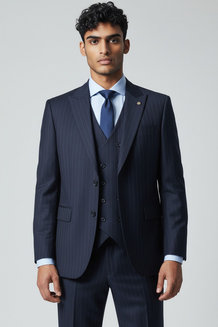 Men’s Navy Pinstripe 3-Piece Suit – Tailored Fit with Double-Breasted Vest