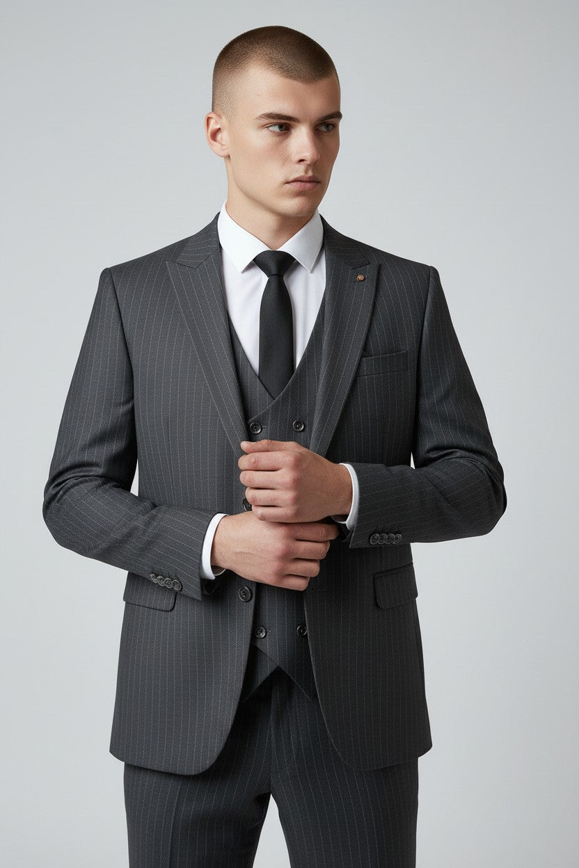 Men’s Charcoal Pinstripe 3-Piece Suit – Modern Fit Business Wear