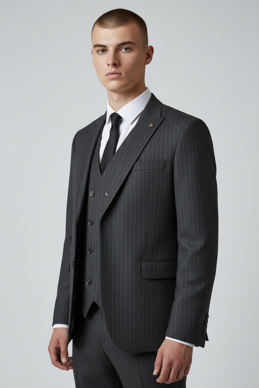 Men’s Charcoal Pinstripe 3-Piece Suit – Modern Fit Business Wear