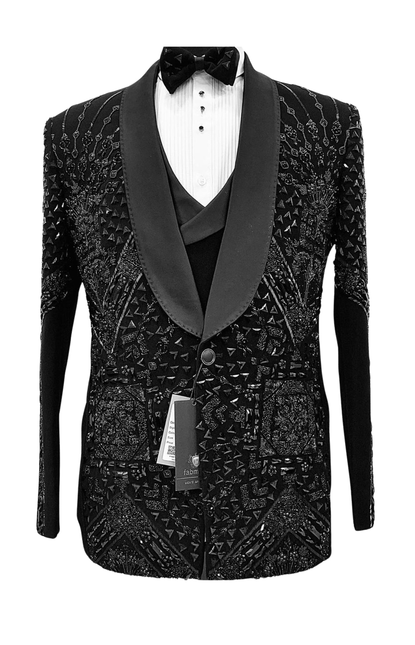 Men’s Black Geometric Crystal-Embroidered Tuxedo with Satin Shawl Lapel – Luxe Formal Wear