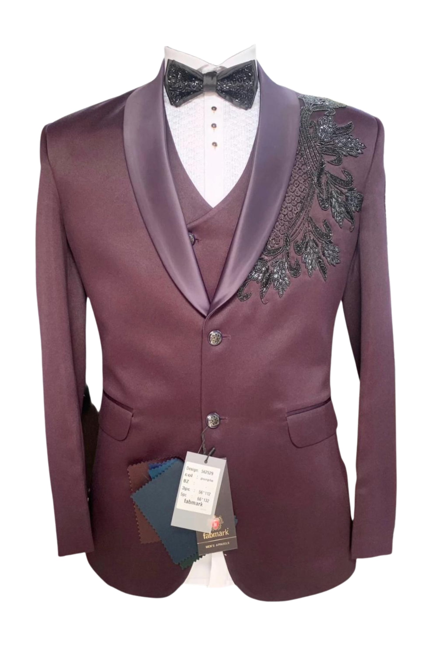 Men’s Plum Satin Tuxedo with Side Embroidery & Matching Waistcoat