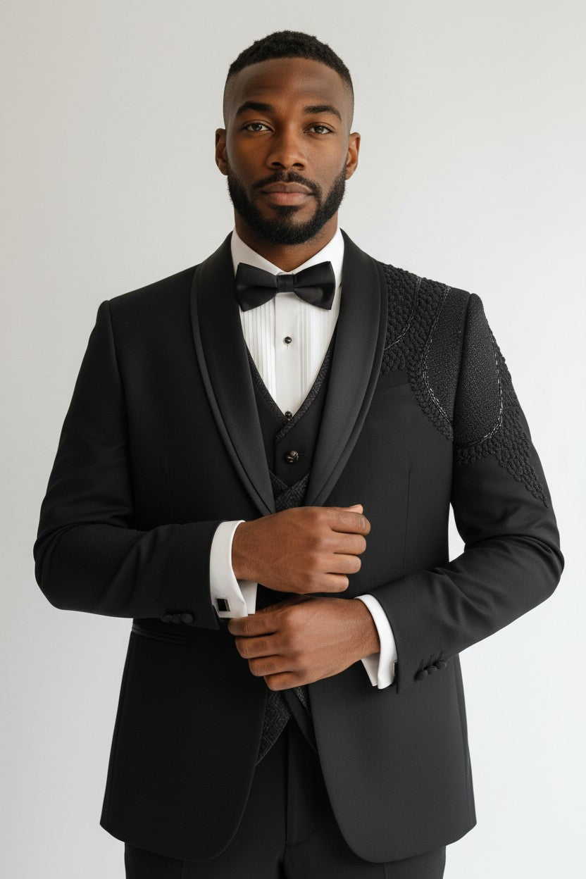 Men’s Black Embroidered Shoulder Tuxedo – Luxury 3-Piece Designer Suit