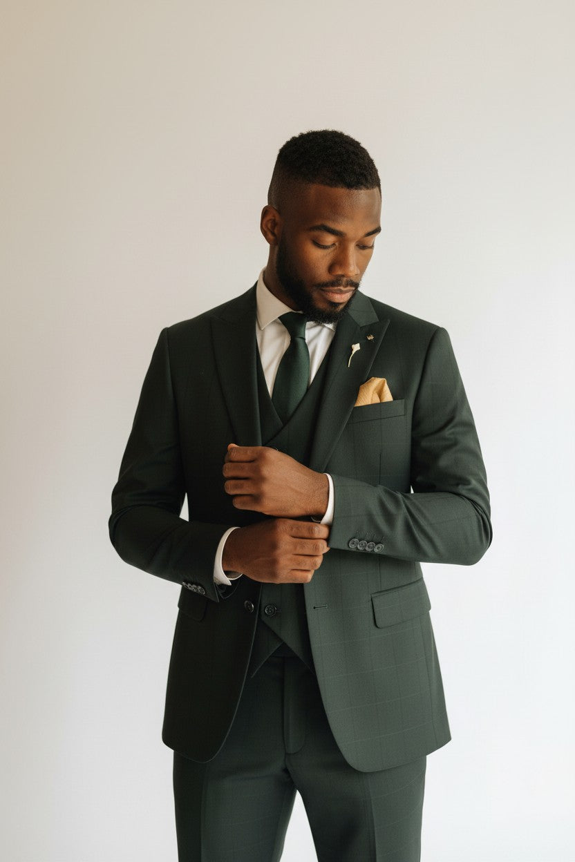 Men’s Forest Green Checkered 3-Piece Suit – Modern Textured Formalwear