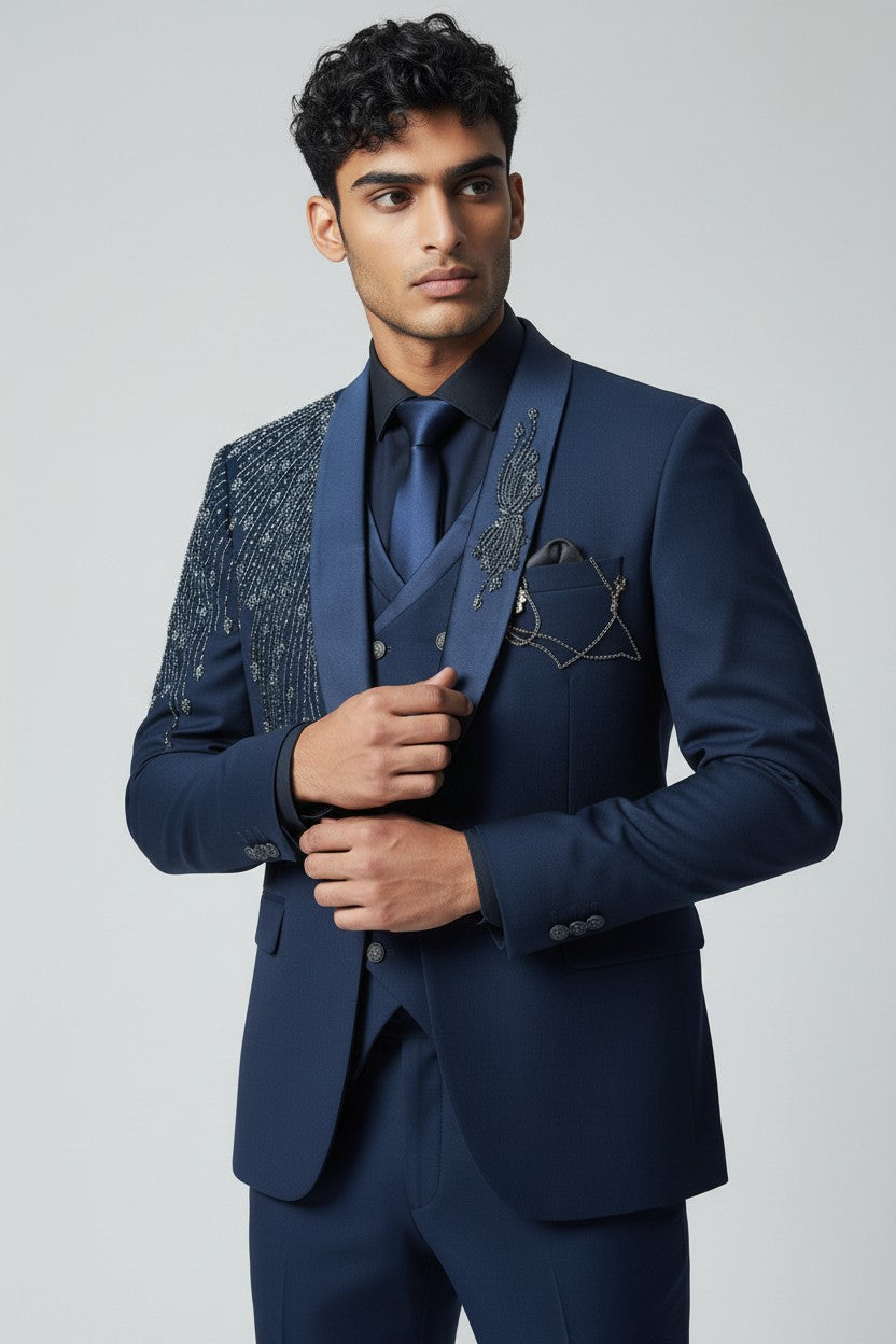 Men’s Navy Embroidered Cascade Tuxedo – Luxury 3-Piece Designer Suit