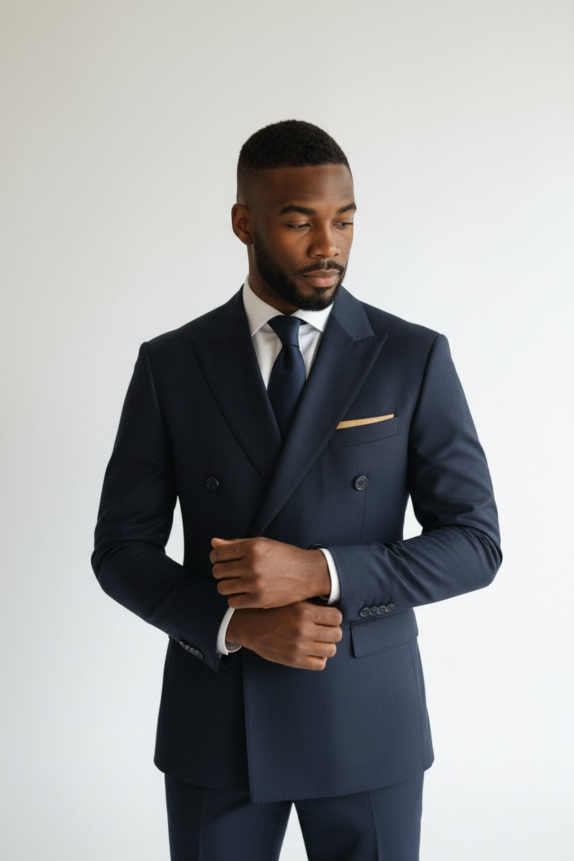 Men’s Navy Double-Breasted Suit – Tailored Peak Lapel Formalwear