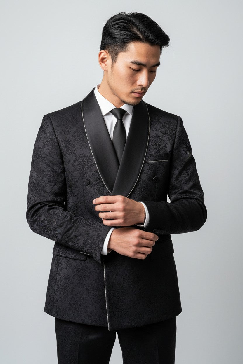 Men’s Black Jacquard Double-Breasted Tuxedo – Luxury Formalwear