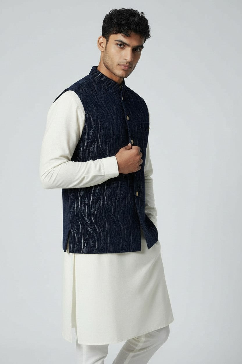 Men’s Navy Textured Embroidered Nehru Jacket – Luxe Festive & Wedding Wear