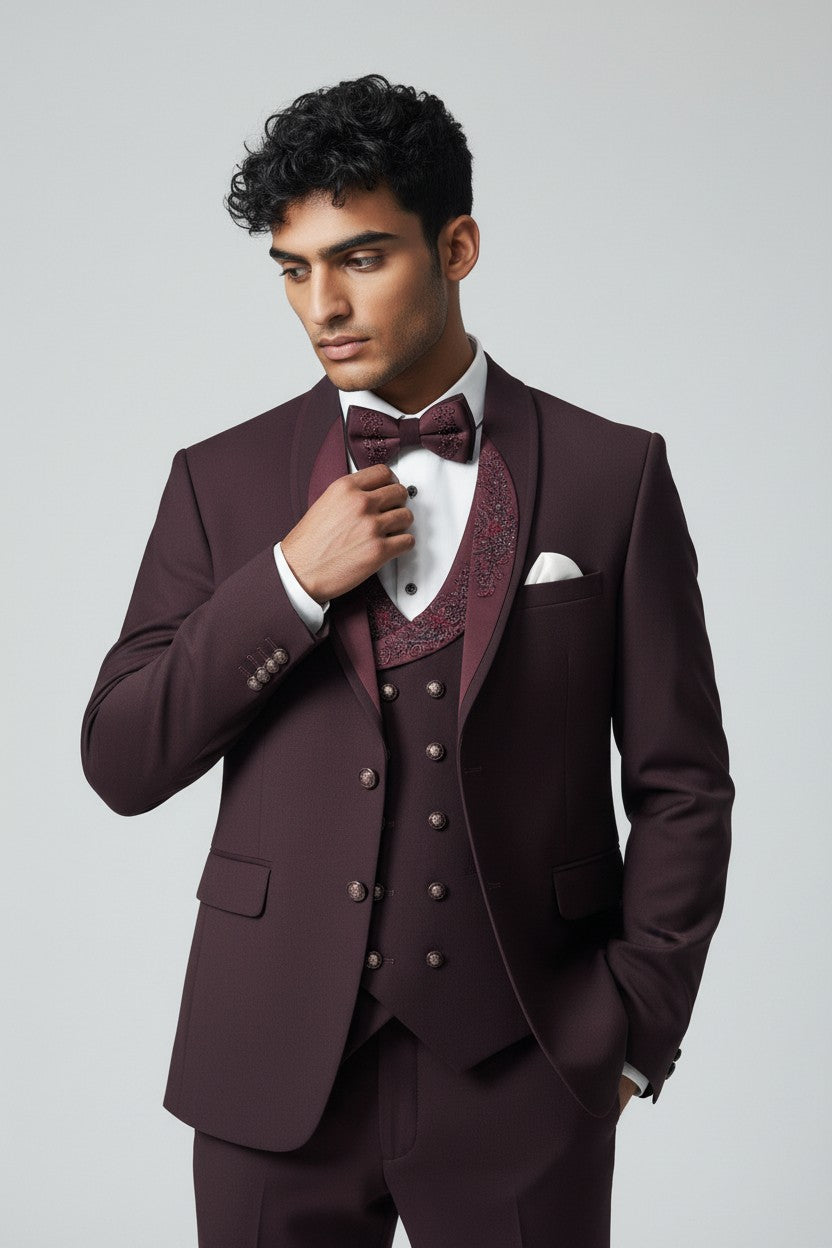 Men’s Maroon Embroidered 5-Piece Tuxedo Set – Luxury Wedding & Reception Suit