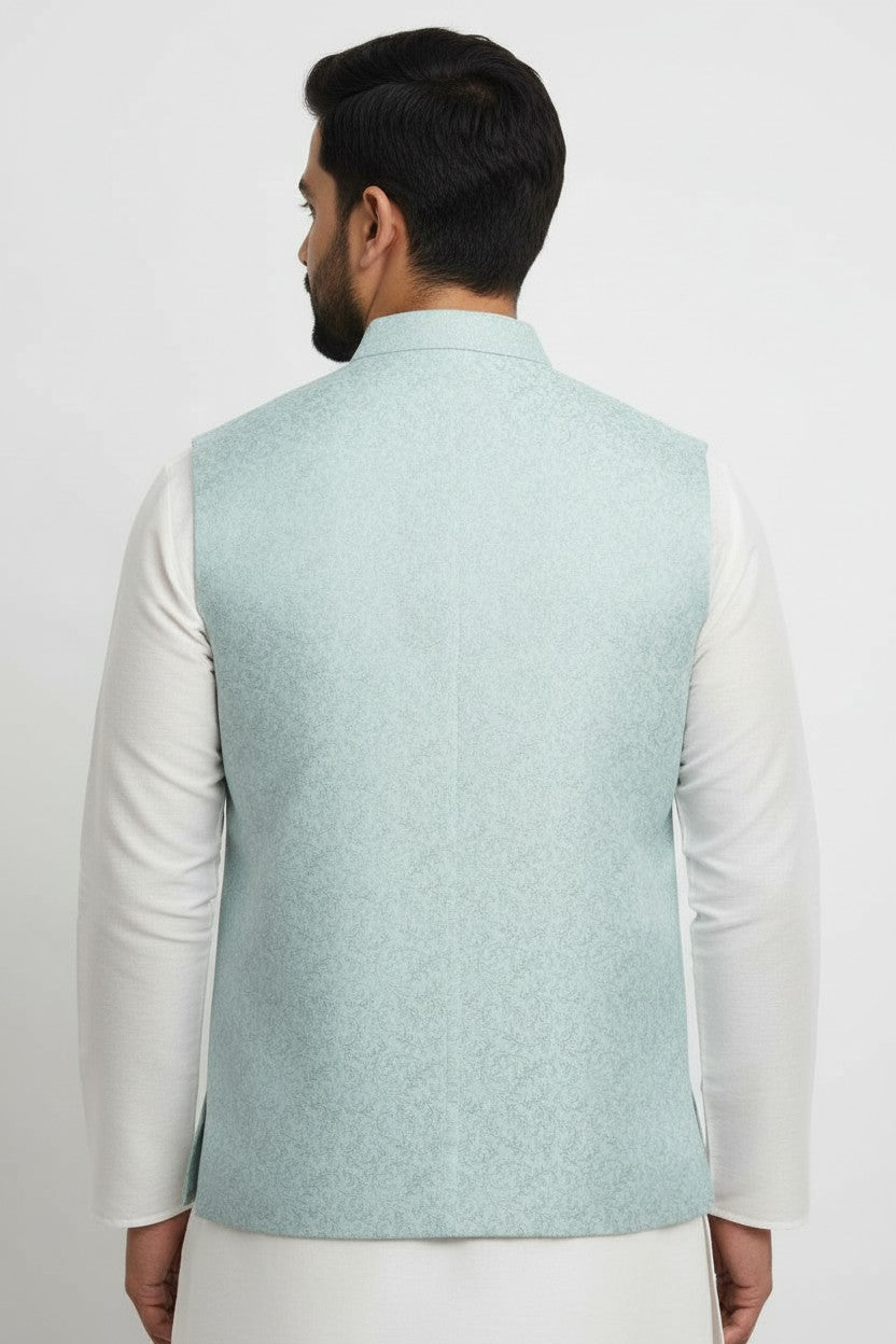 Men’s Sky Blue Jacquard Nehru Jacket – Elegant Festive & Wedding Wear