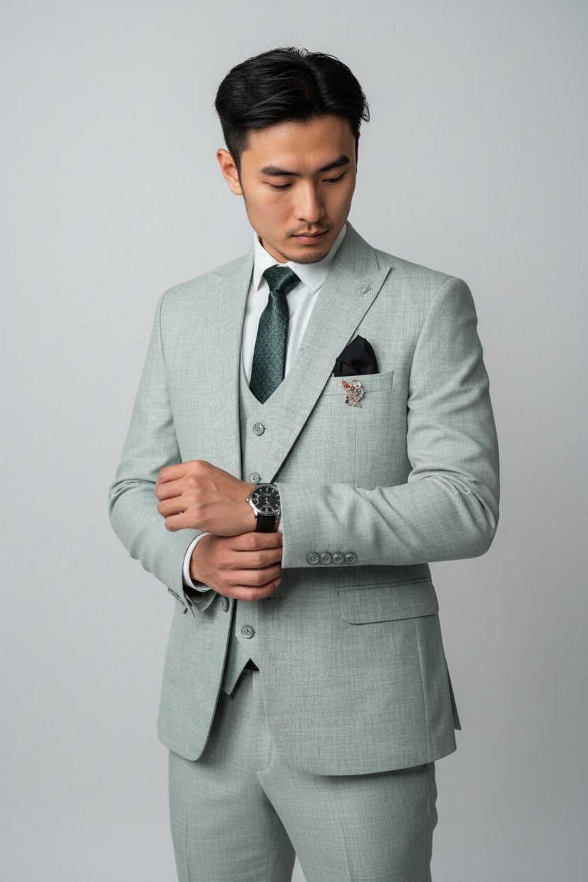Men’s Light Sage Green 3-Piece Suit – Modern Fit Formal Wear