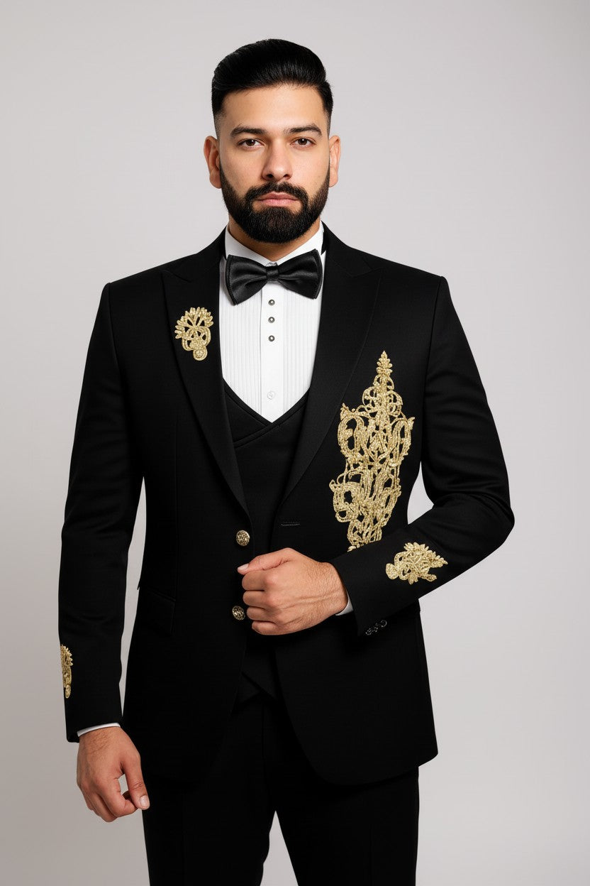 Men’s Black & Gold Statement Suit – Royal Look for Grand Occasions
