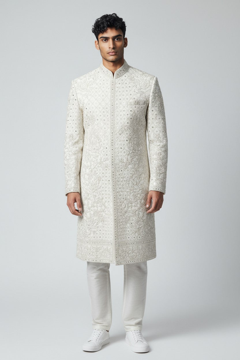 Ivory Handcrafted Sherwani for Men – Intricate Embroidered Wedding Wear