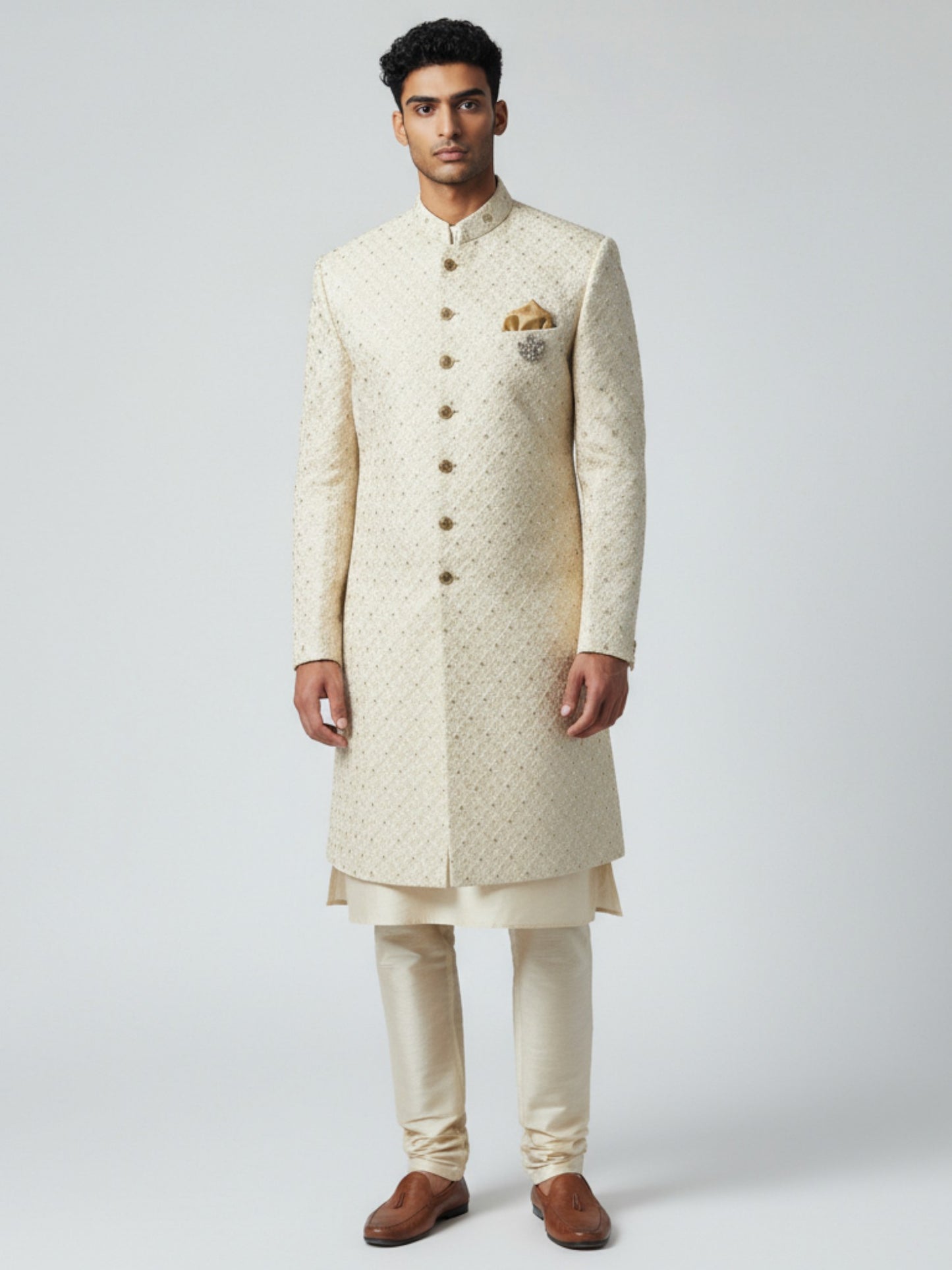 Champagne Gold Sherwani for Men – Elegant Handcrafted Wedding Ensemble
