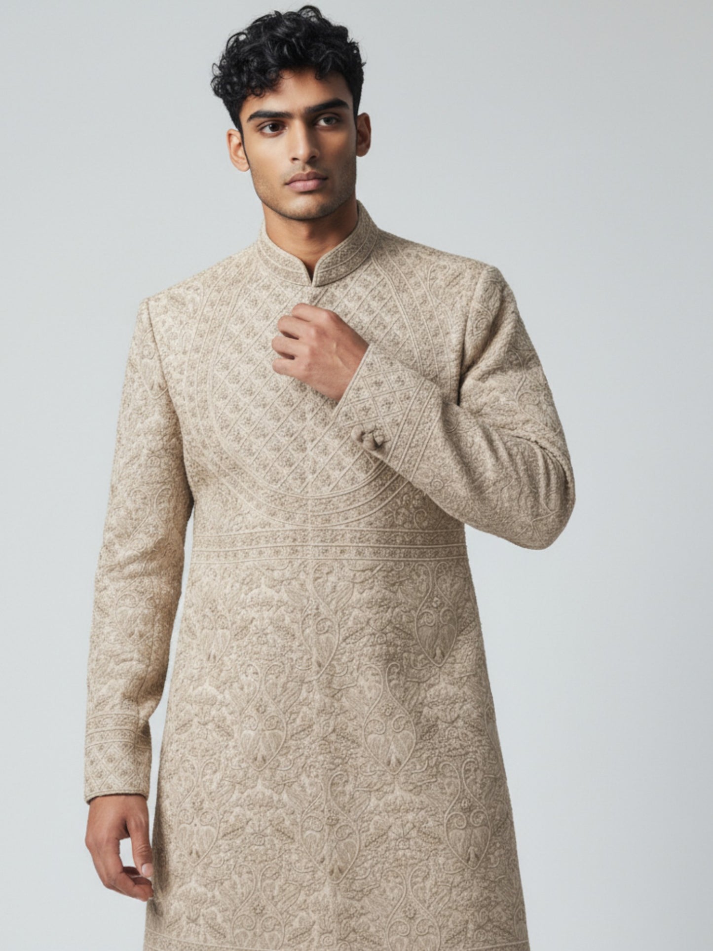 Ivory Hand-Embroidered Sherwani for Men – Royal Wedding Collection