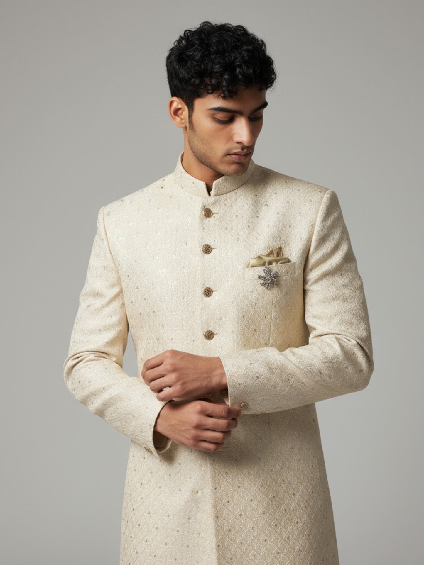 Champagne Gold Sherwani for Men – Elegant Handcrafted Wedding Ensemble
