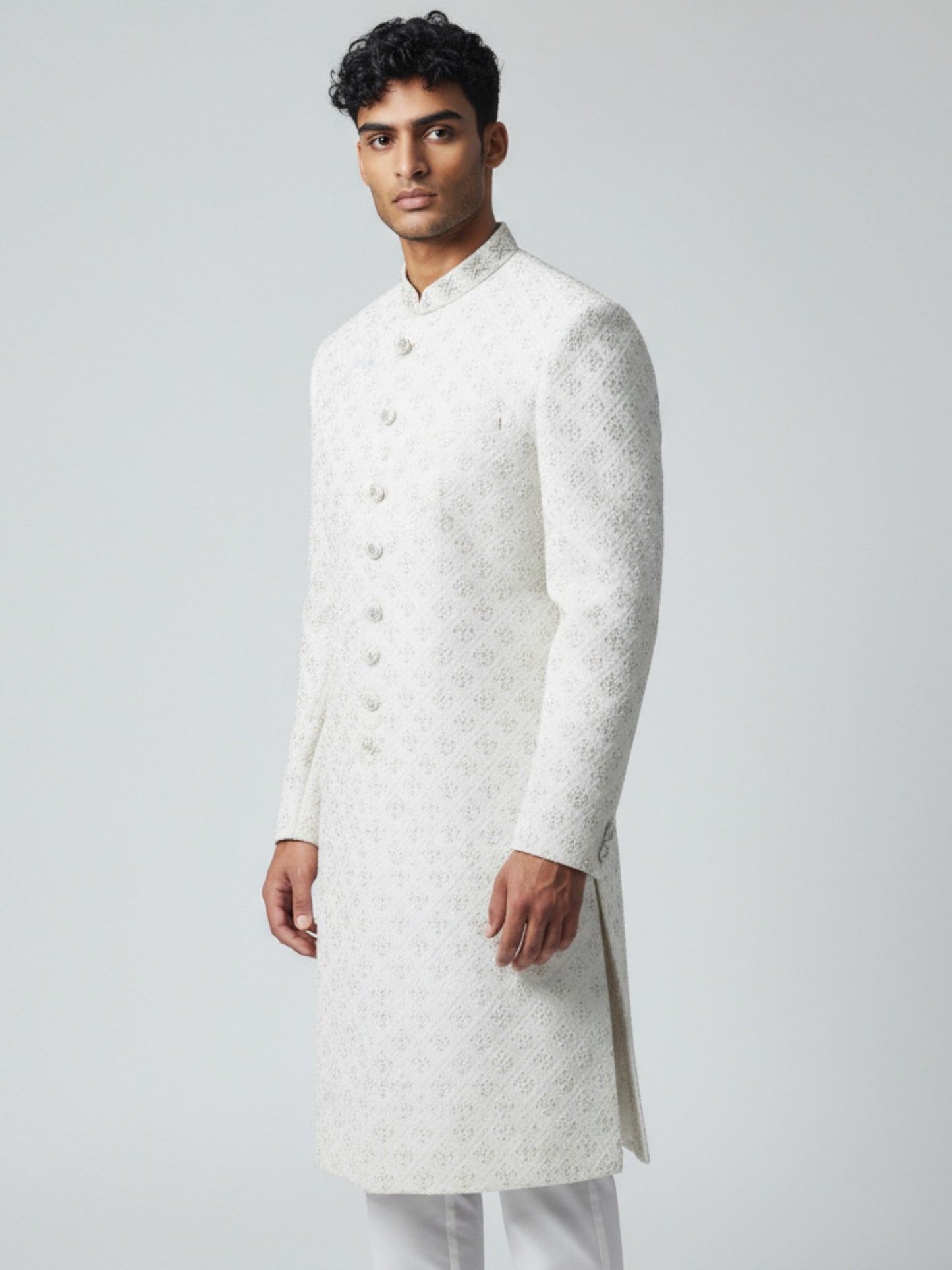 Classic Ivory Textured Sherwani for Men – Minimalist Groom Collection