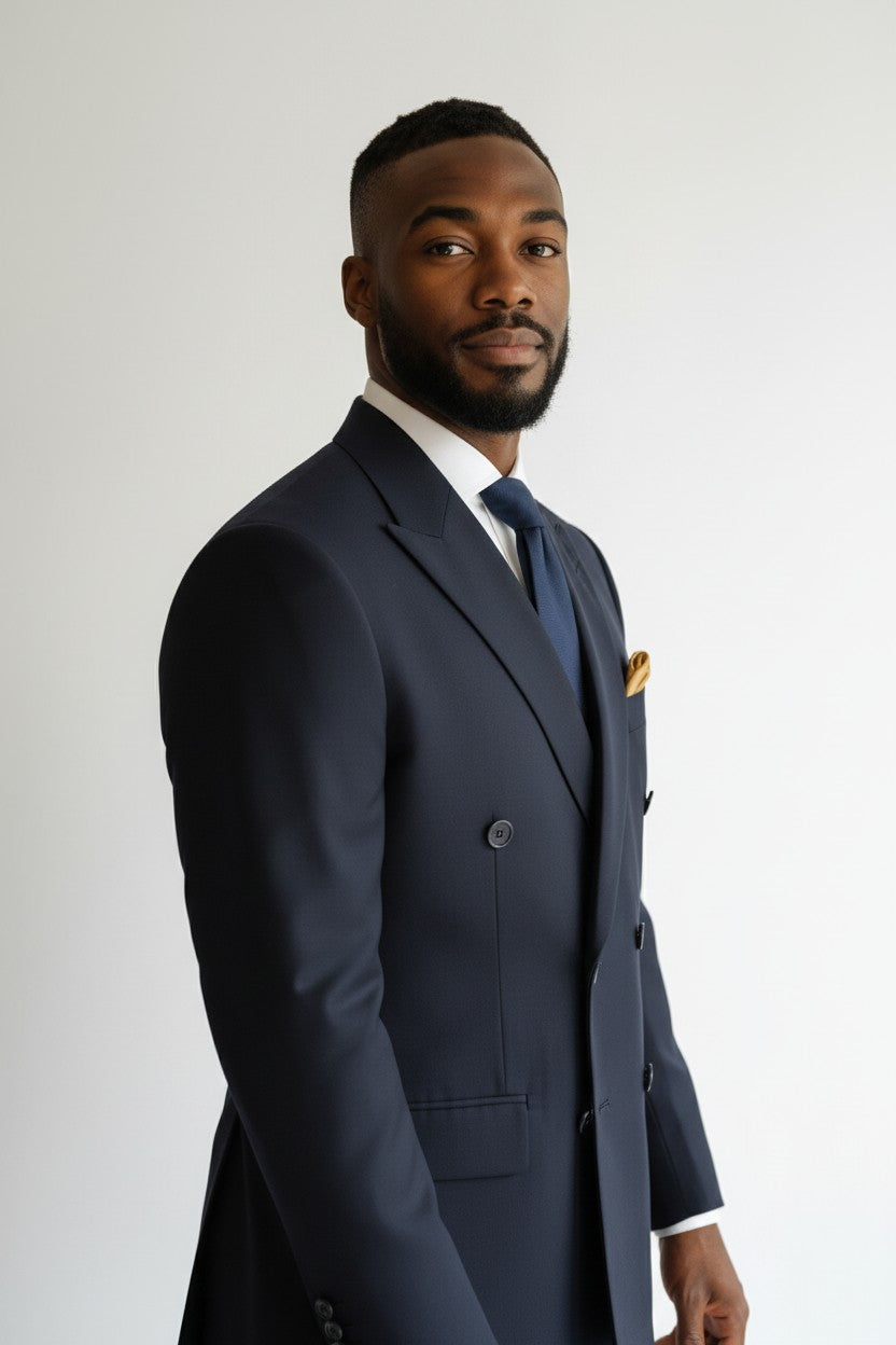 Men’s Navy Double-Breasted Suit – Tailored Peak Lapel Formalwear