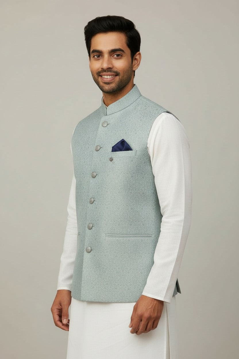 Men’s Mint Blue Jacquard Nehru Jacket – Elegant Festive & Wedding Wear