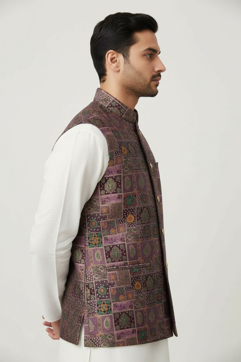 Men’s Multicolor Mosaic Printed Nehru Jacket – Designer Festive & Wedding Wear