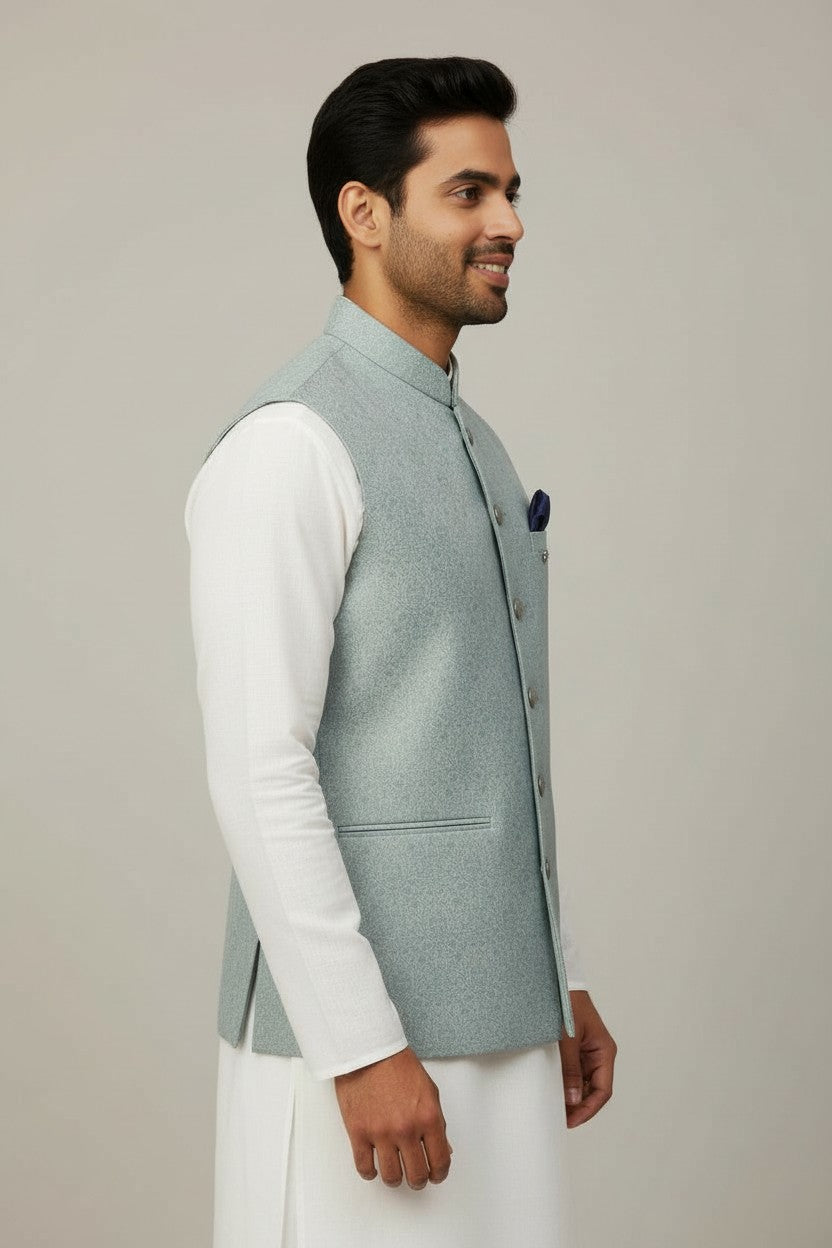 Men’s Mint Blue Jacquard Nehru Jacket – Elegant Festive & Wedding Wear