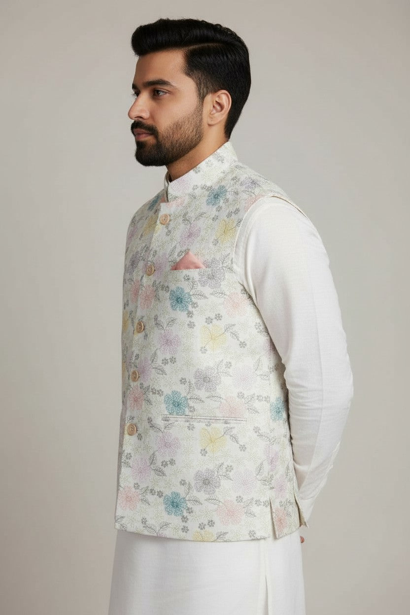 Men’s Pastel Floral Printed Nehru Jacket - Elegant Daytime Festive Wear