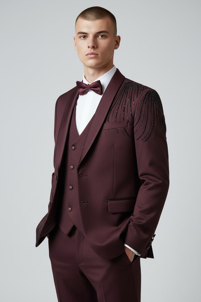 Men’s Maroon Embroidered Tuxedo – Luxury 3-Piece Designer Suit