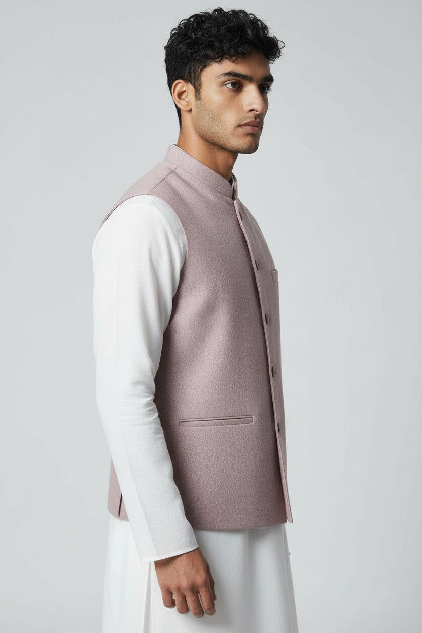 Men’s Pastel Mauve Textured Nehru Jacket – Minimal & Elegant Festive Wear
