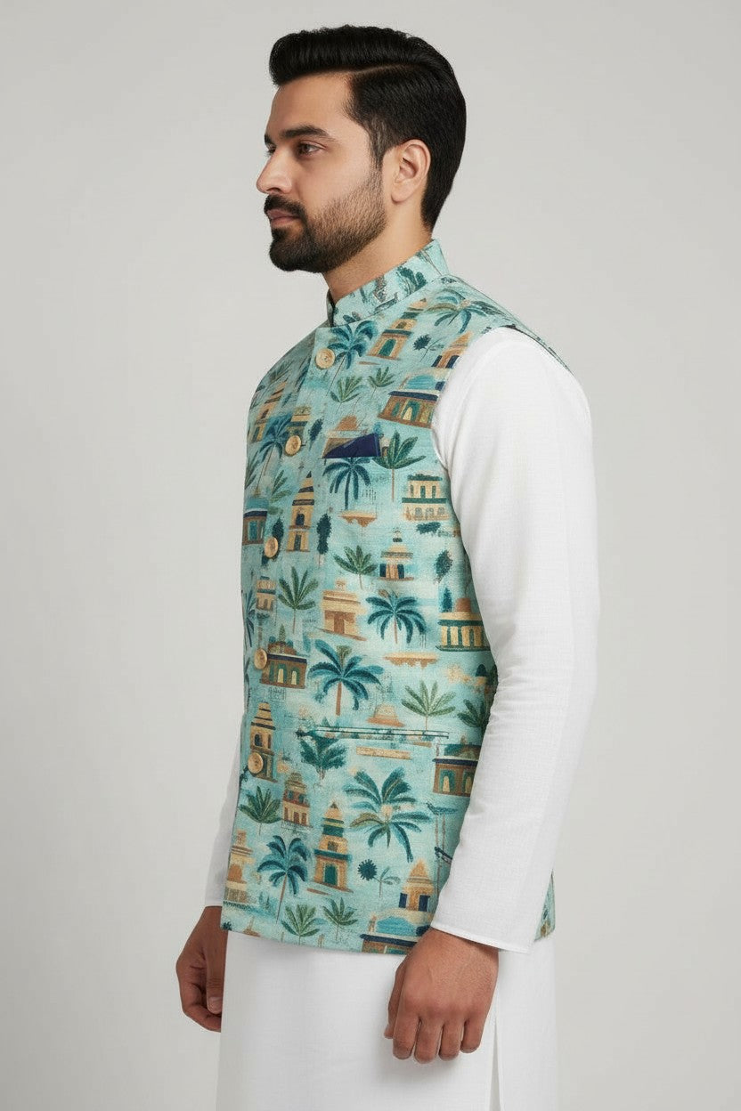 Men’s Aqua Heritage Print Nehru Jacket – Festive & Contemporary Designer Wear