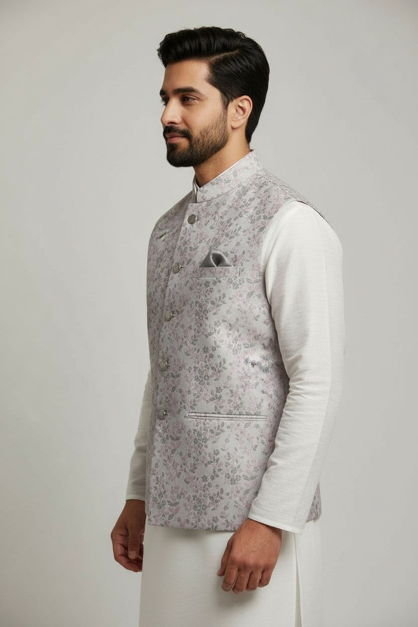 Men’s Pastel Floral Printed Nehru Jacket – Soft Pink & Grey Festive Wear