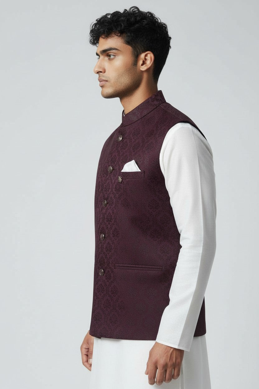 Men’s Deep Purple Jacquard Nehru Jacket – Royal Festive Waistcoat