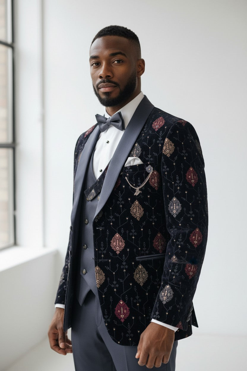 Men’s Navy Velvet Embroidered Tuxedo – 3-Piece Designer Shawl Lapel Set