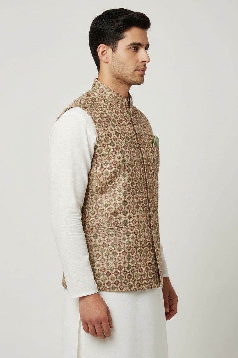 Men’s Beige & Maroon Mosaic-Pattern Nehru Jacket – Festive & Wedding Wear