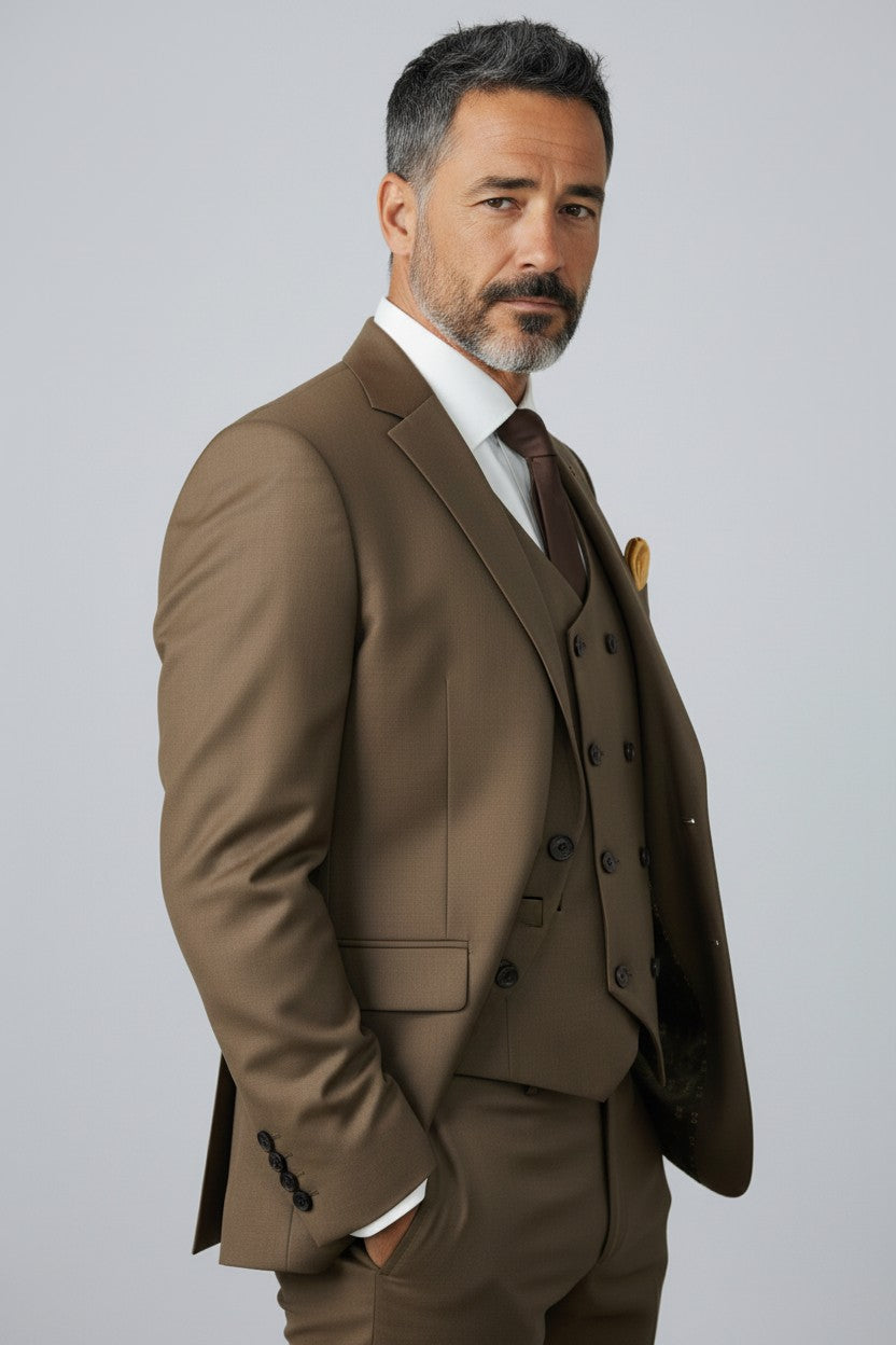 Men’s Brown Tailored 3-Piece Suit – Single-Breasted Blazer & Double-Breasted Vest