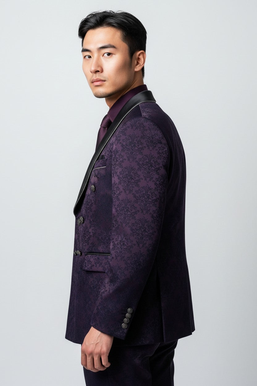 Men’s Purple Jacquard Double-Breasted Tuxedo with Black Shawl Lapel – Luxury Designer Blazer