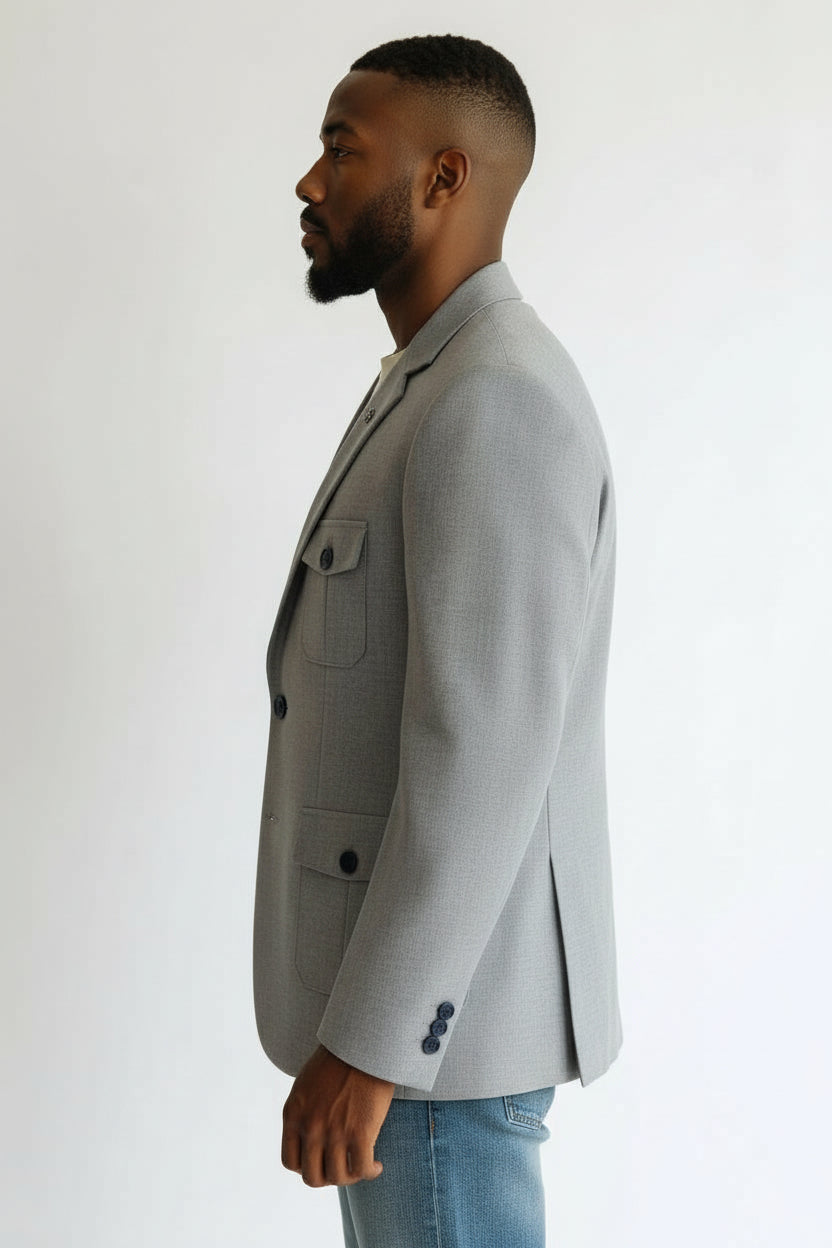 Men’s Light Grey Utility Pocket Blazer – Modern Smart Casual Jacket