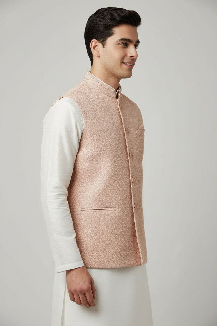 Men’s Pastel Peach Textured Nehru Jacket – Elegant Festive & Wedding Wear