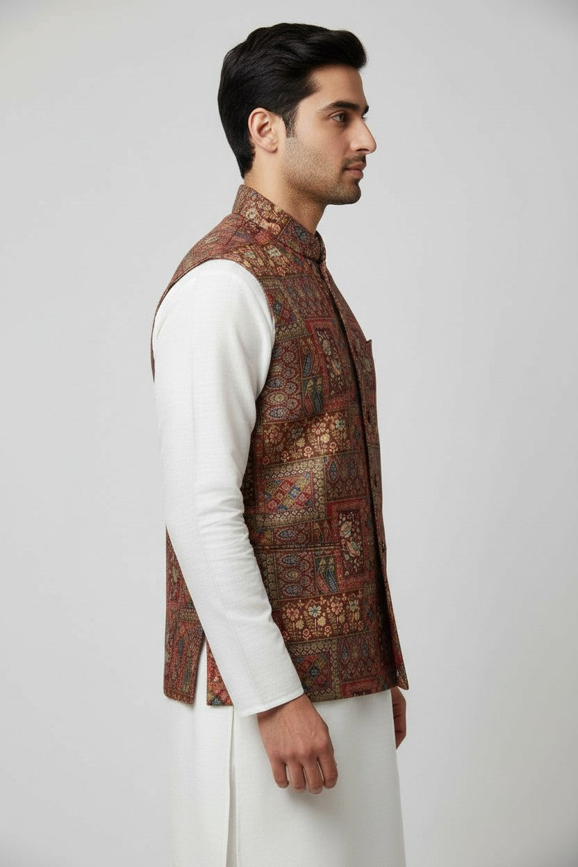 Men’s Maroon Multicolor Tapestry Printed Nehru Jacket – Designer Festive Wear