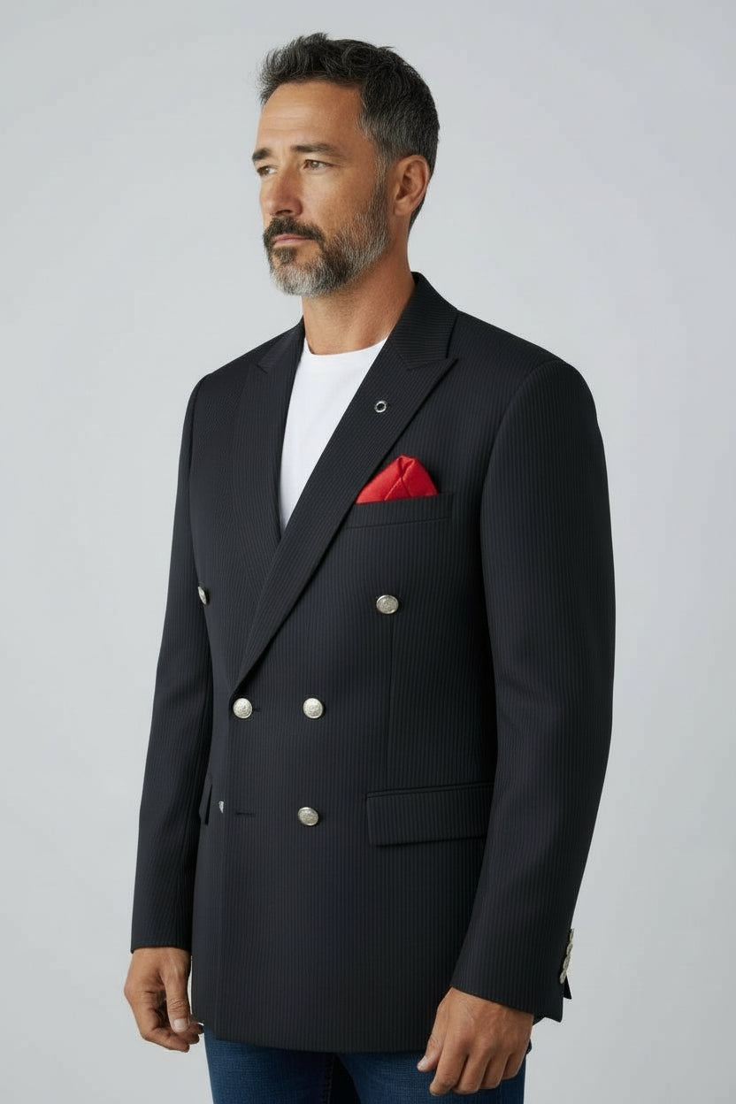 Men’s Black Double-Breasted Pinstripe Blazer – Tailored Formal Jacket